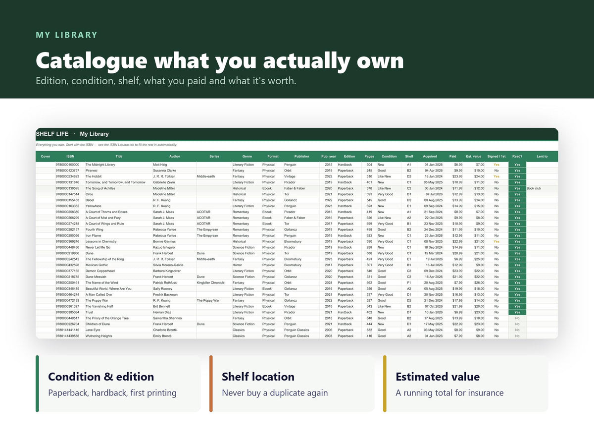 Book Tracker & Library Catalogue Spreadsheet | 5 Themes, Auto-Linking (Digital Download)