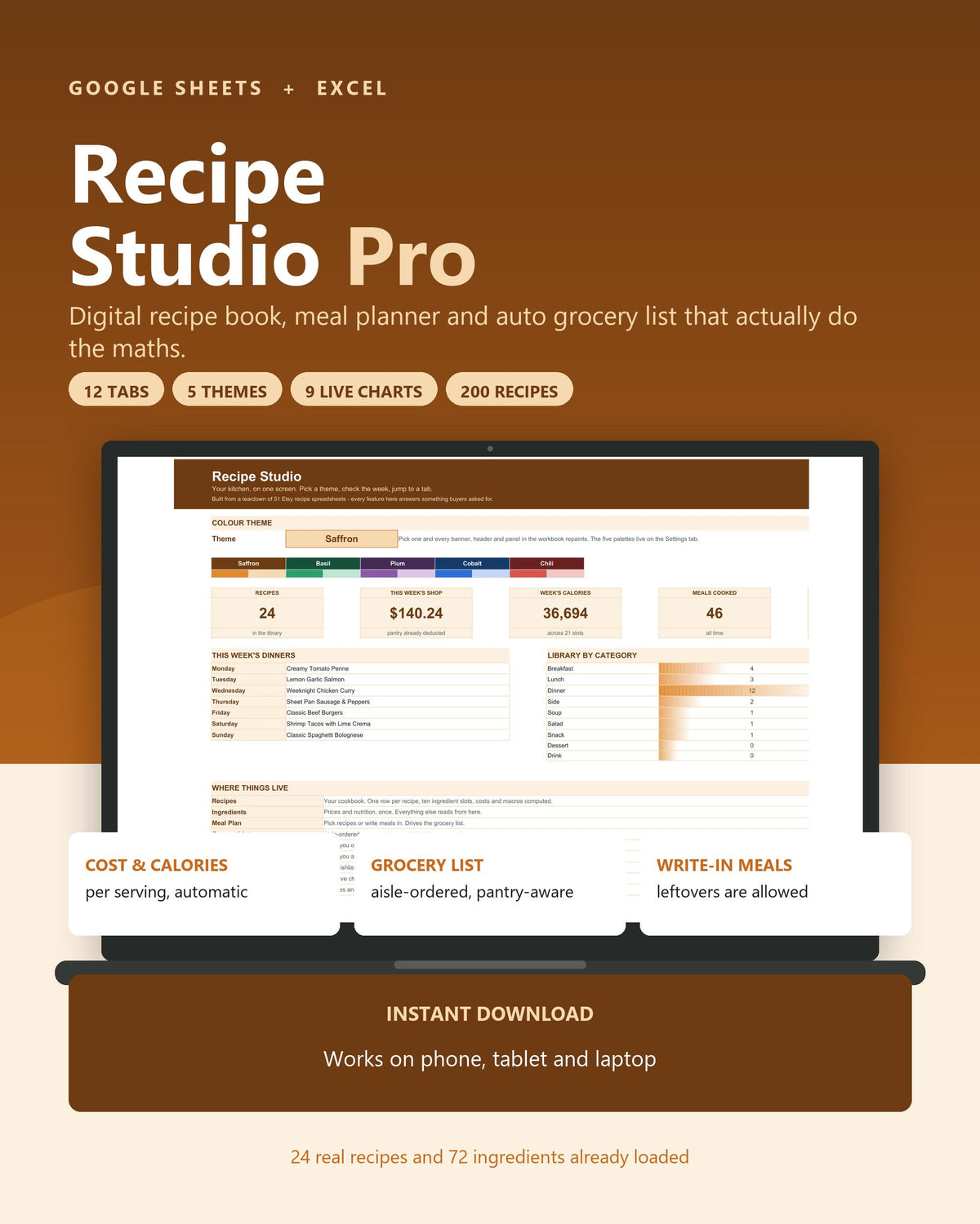 Digital Recipe Book Google Sheets Excel, Meal Planner with Auto Grocery List, Recipe Organizer Cookbook Spreadsheet, Rec