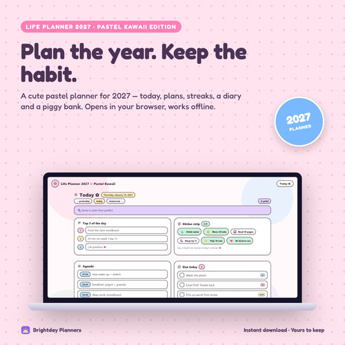 2027 Pastel Kawaii Life Planner App — Plan the year. Keep the habit