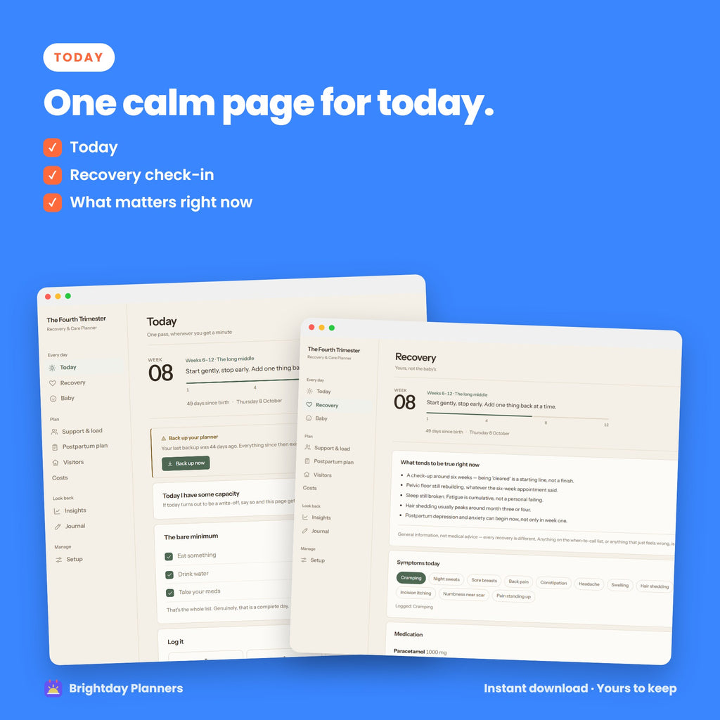 Fourth Trimester Recovery Planner — One calm page for today