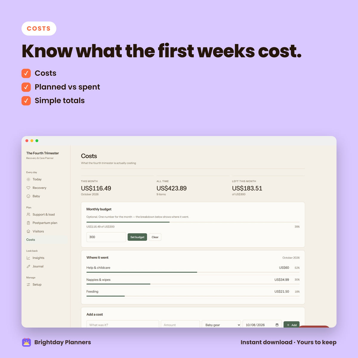 Fourth Trimester Recovery Planner — Know what the first weeks cost