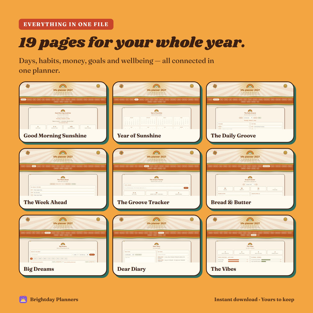 Retro 70s Life Planner 2027 — 19 pages for your whole year