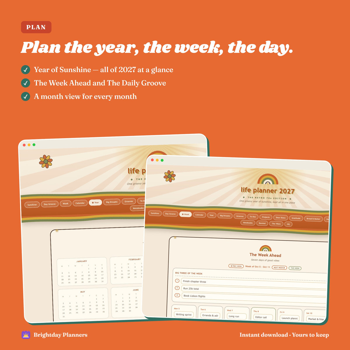 Retro 70s Life Planner 2027 — Plan the year, the week, the day