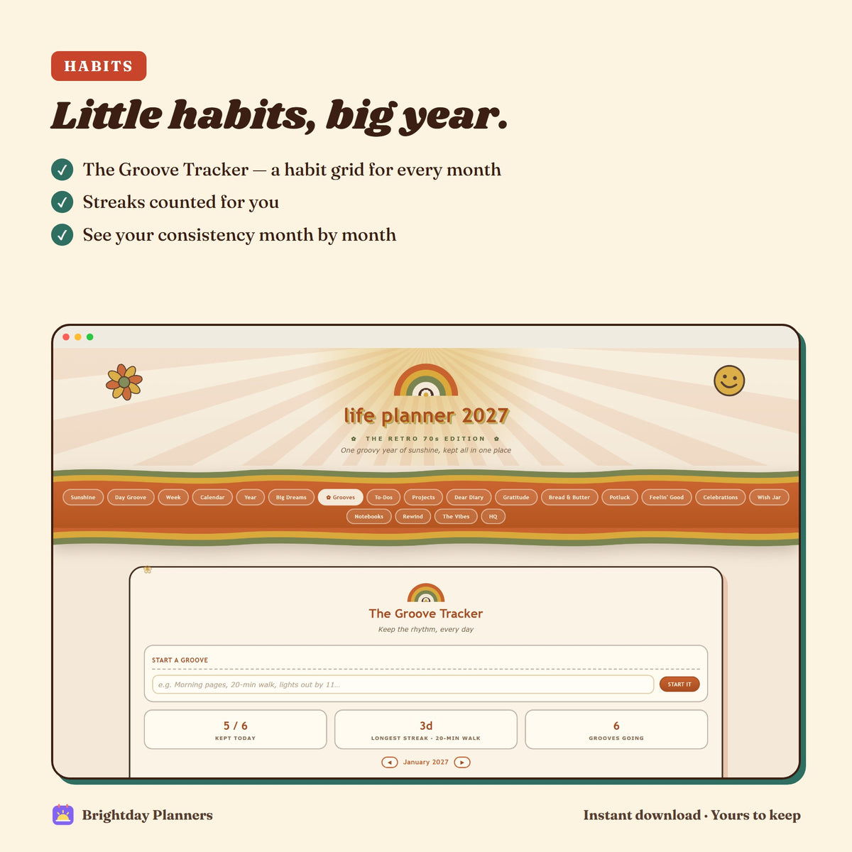 Retro 70s Life Planner 2027 — Little habits, big year