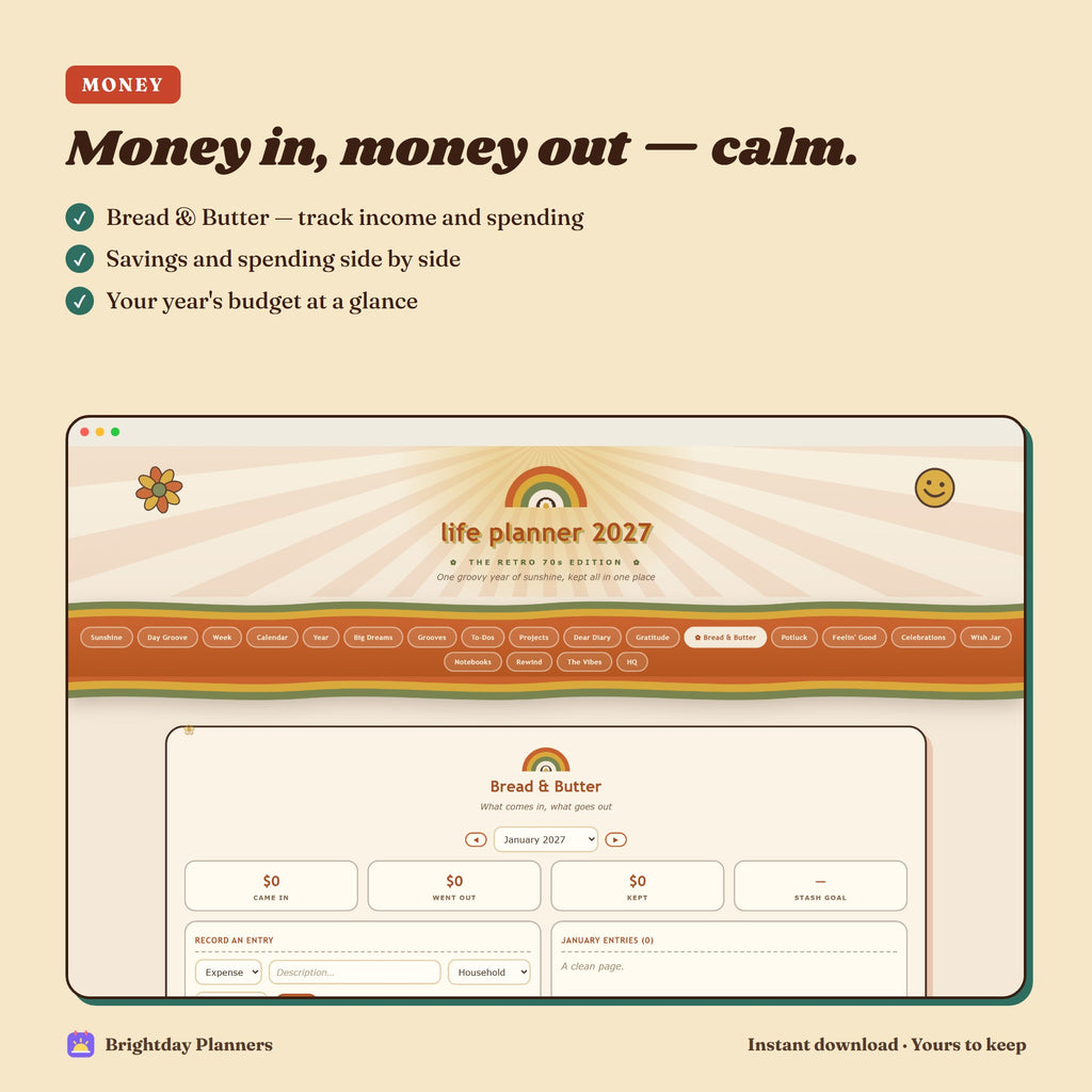 Retro 70s Life Planner 2027 — Money in, money out — calm
