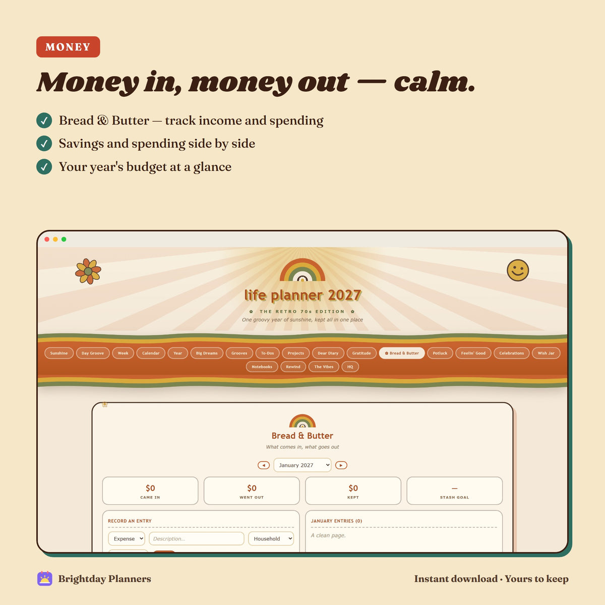Retro 70s Life Planner 2027 — Money in, money out — calm