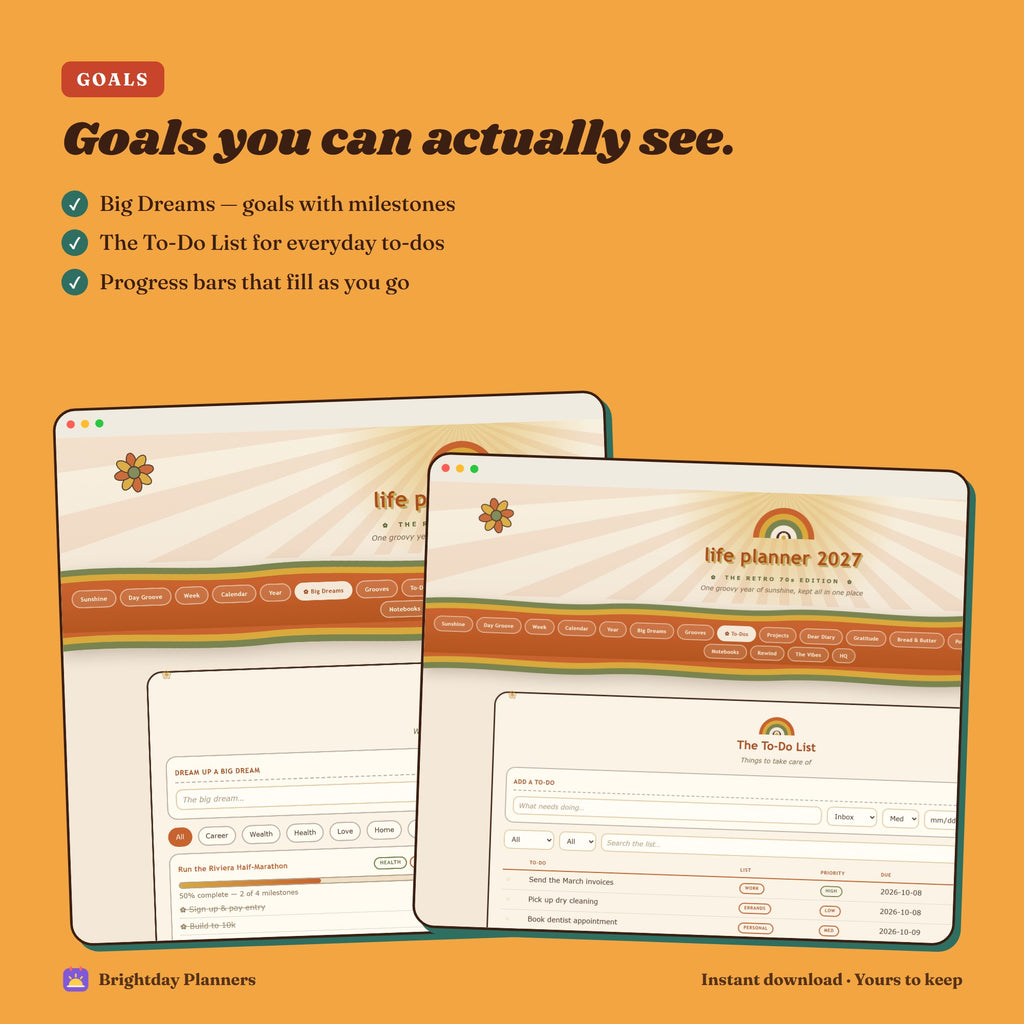 Retro 70s Life Planner 2027 — Goals you can actually see