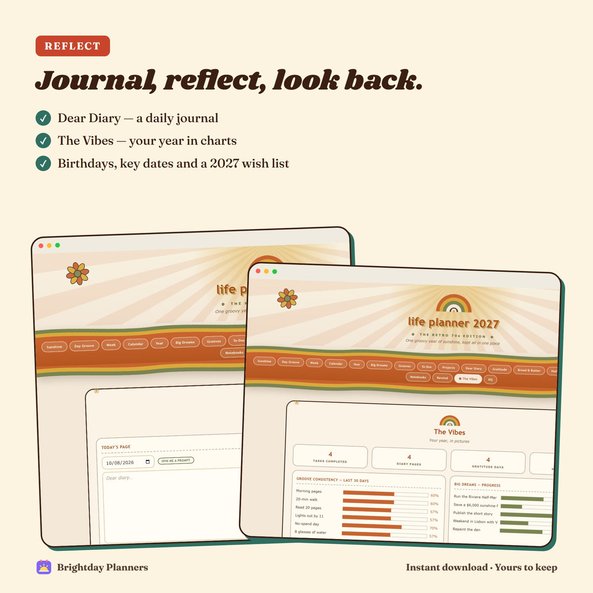 Retro 70s Life Planner 2027 — Journal, reflect, look back