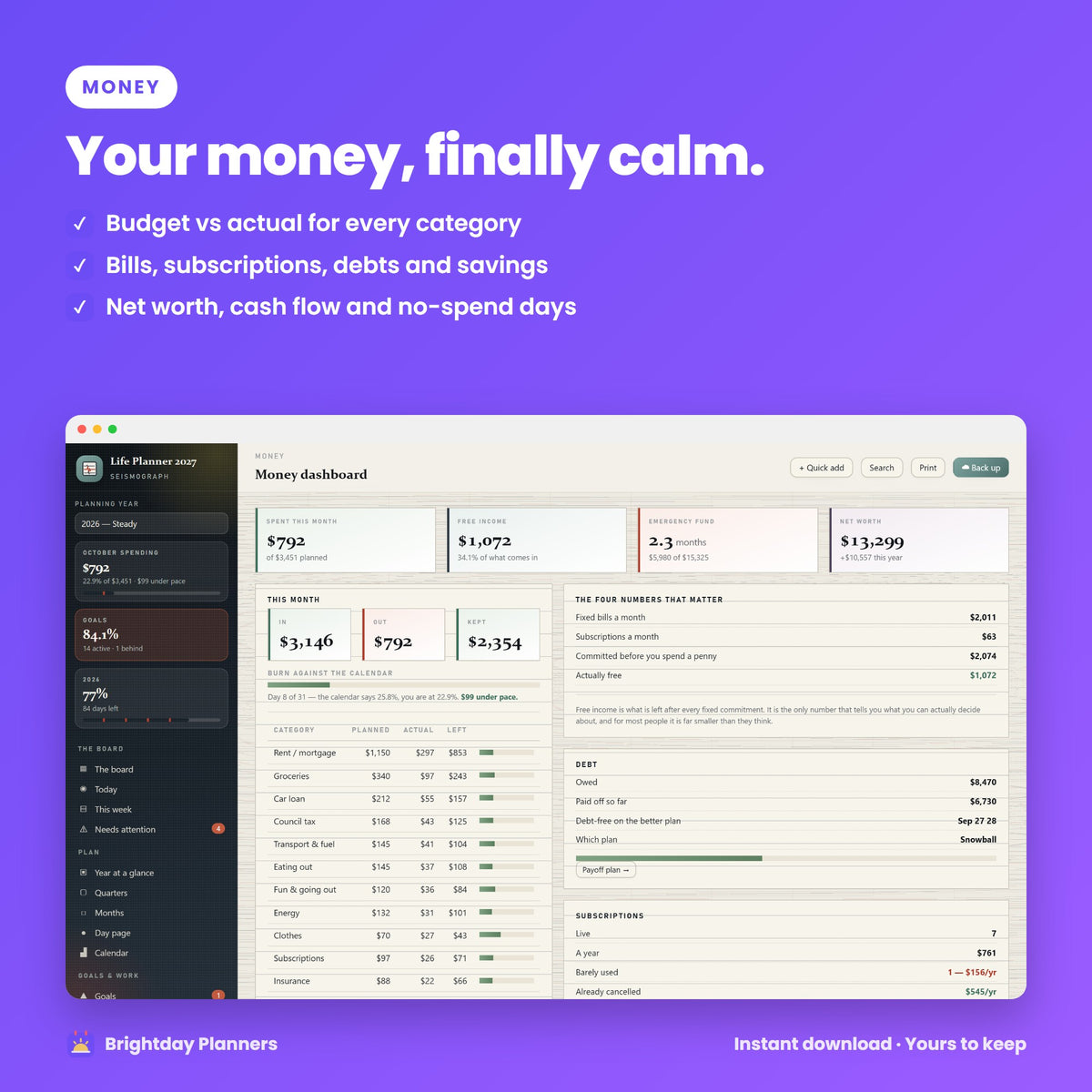 2027 Seismograph Life Planner — Your money, finally calm