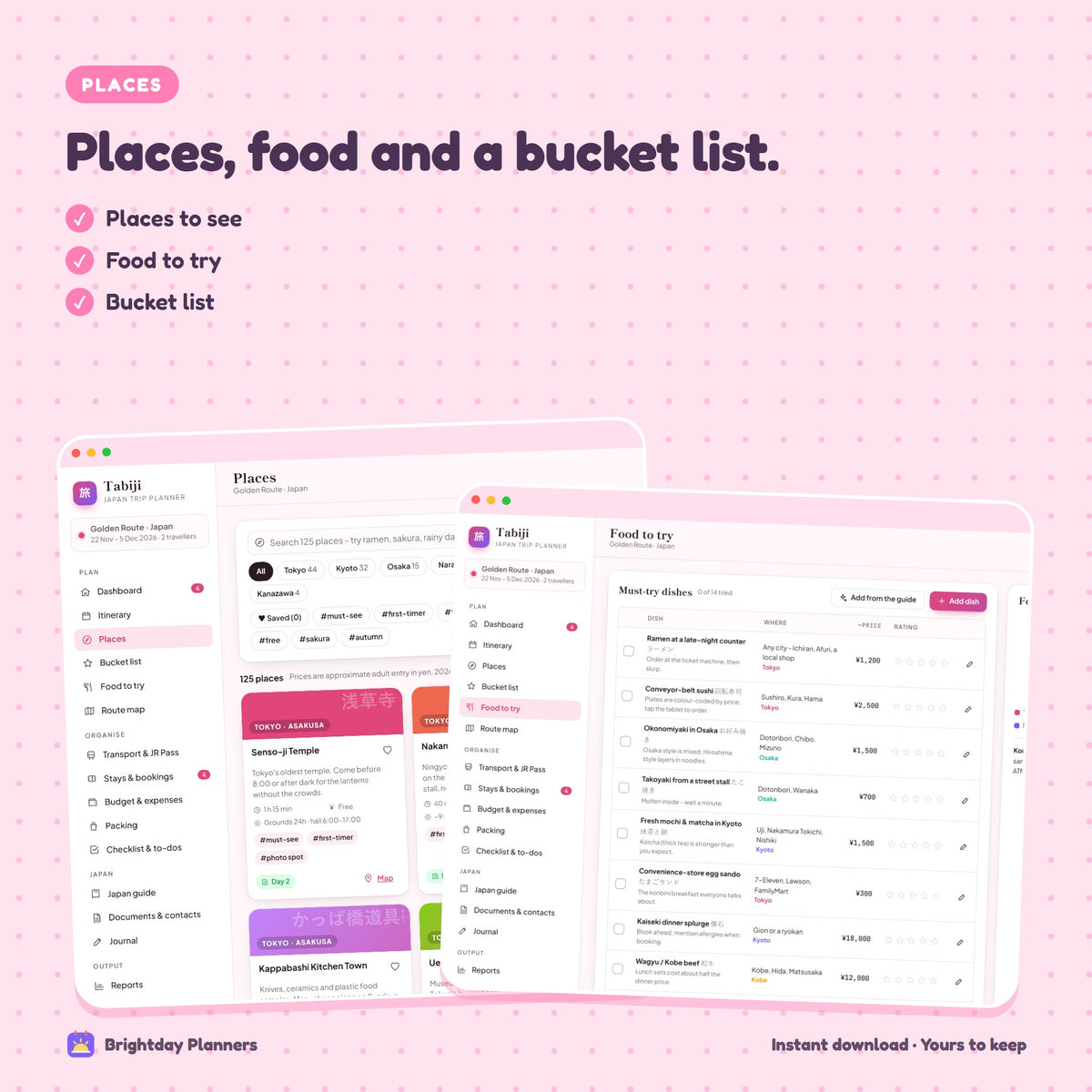 Japan Travel Planner — Places, food and a bucket list