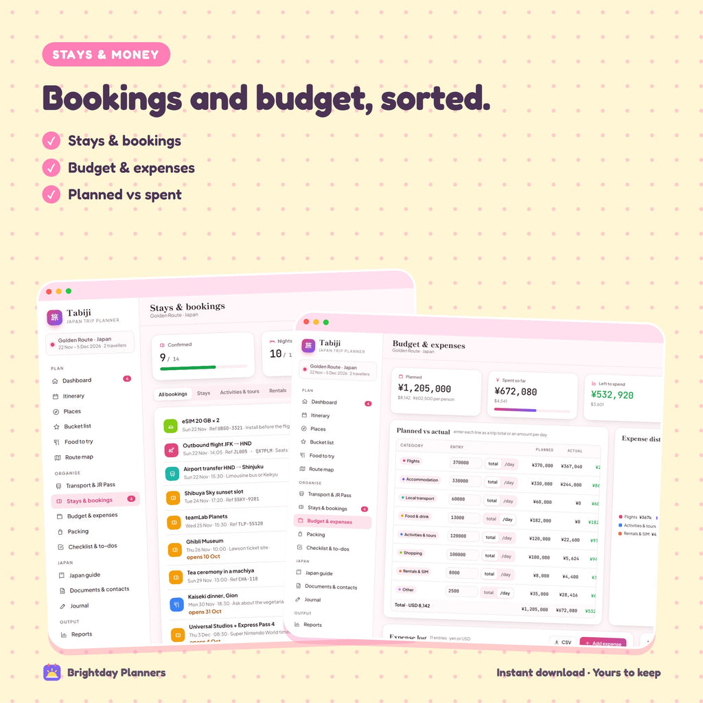 Japan Travel Planner — Bookings and budget, sorted
